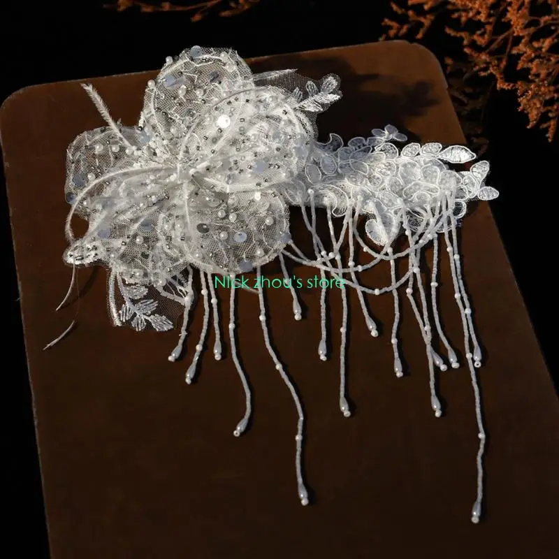 E15E حجاب شرابات العروس خفيف الوزن مع دانتيل ولمسات مطرزة متلألئة #4