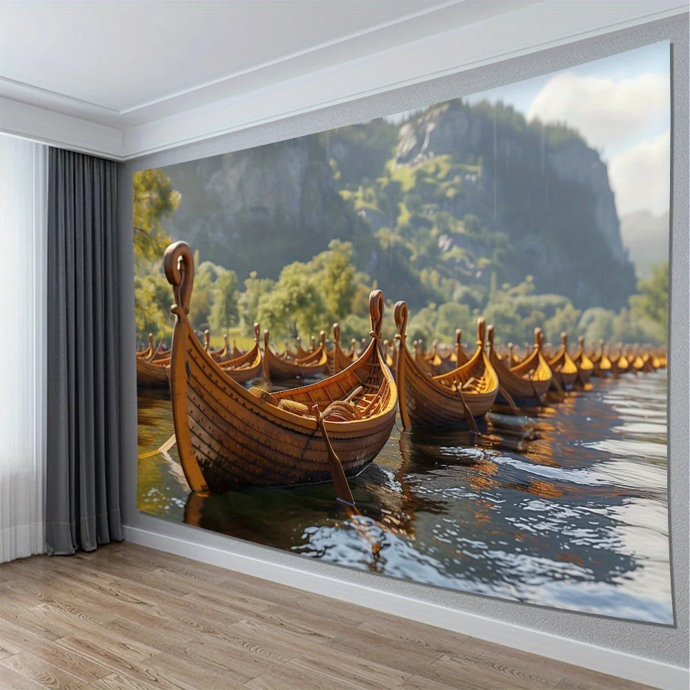 Bohemian River Boats Tapestry Wall Hanging Landscape Canvas Decor Rustic Nautical Art Scenic Canoe Scene Home Decoration