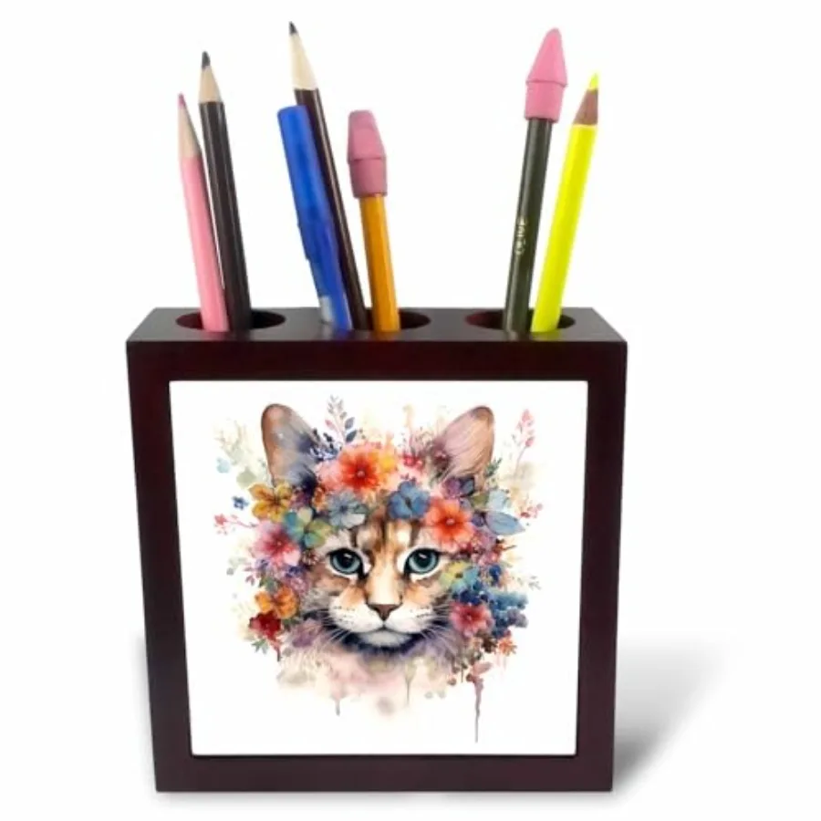 

Pretty Floral Cat Image Of Watercolor - Tile Pen Holders ph-382781-1