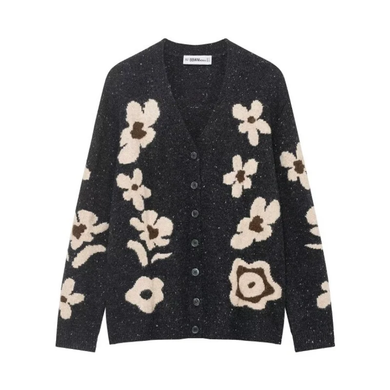 

Women’s Autumn Floral Jacquard Knit Loose Cardigan Coat Jacket Casual Office Party Wear Outerwear