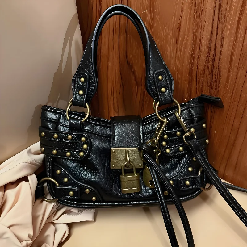 

Brand Y2k Motorcycle Handbag Fashionable Luxurious Textured Brass Lock Design Women's Bag Distressed Retro Leopard Print Bag