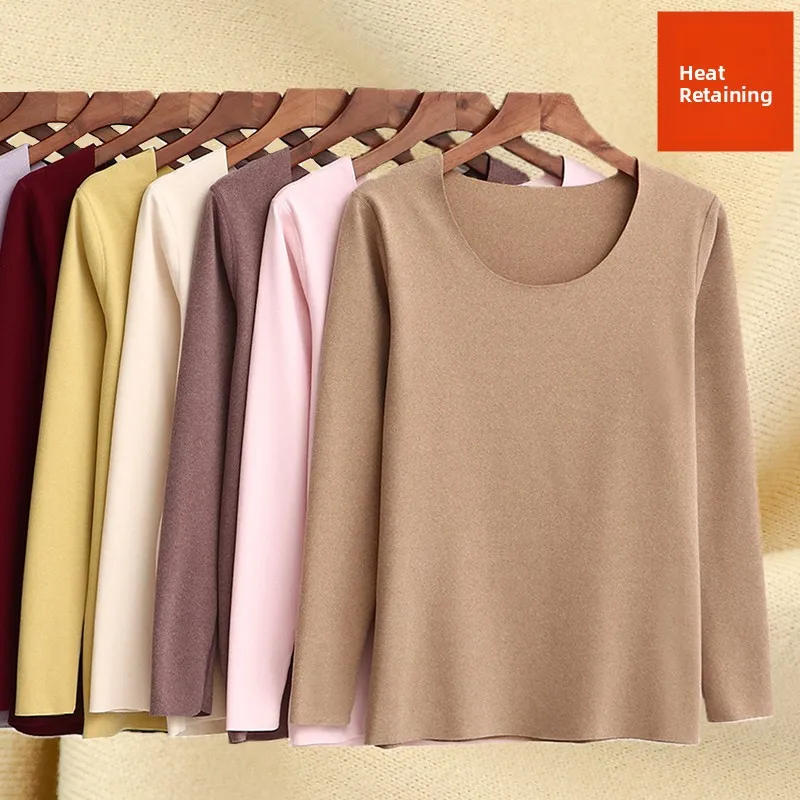 Women's Long Sleeve Fleece Lined Thickened Thermal T-shirt Korean Style round Neck Cotton Base Shirt Close Fit Inner Wear