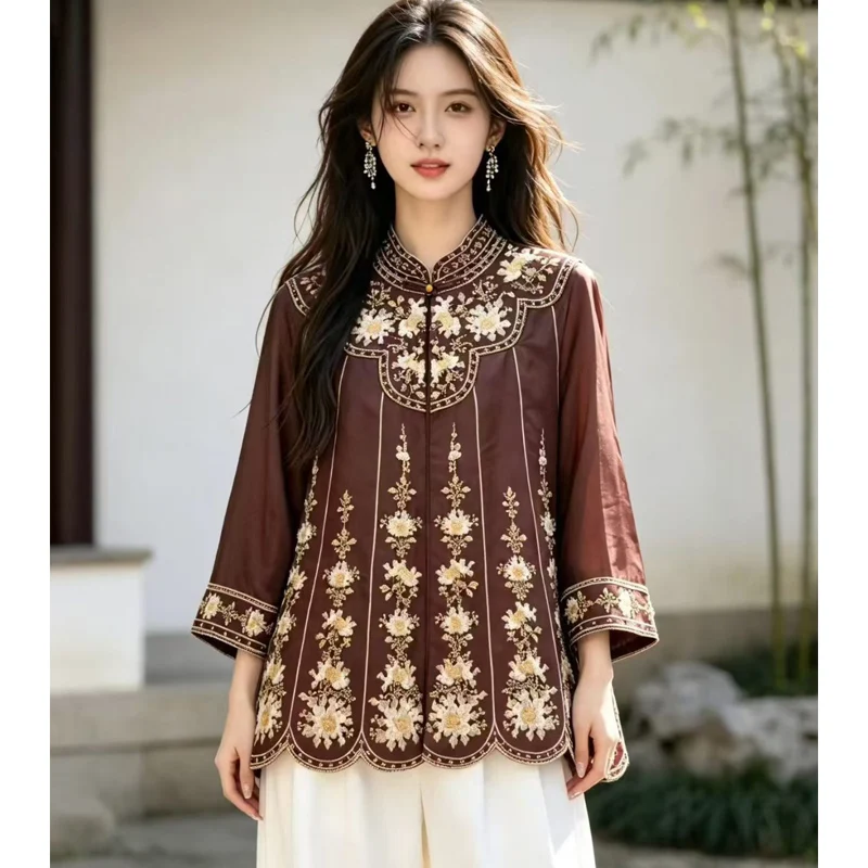 Spring and Autumn New Stand Collar +Handmade Single-Breasted High end Palace Embroidered Silk Fabric Women's Coat M-XXL
