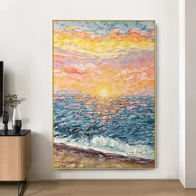 Beautiful Wall Art Abstract Picture Thick Oil Handmade Knife Drawn Sea Wave Rise Sun Oil Painting Poster For Living Room Bedroom