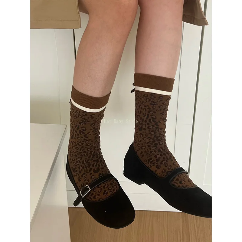Leopard Printed Socks Women Bandage Ribbon Bow Y2k Girls Middle Tube Socks Japanese Fashion Harajuku Retro Streetwear Long Socks