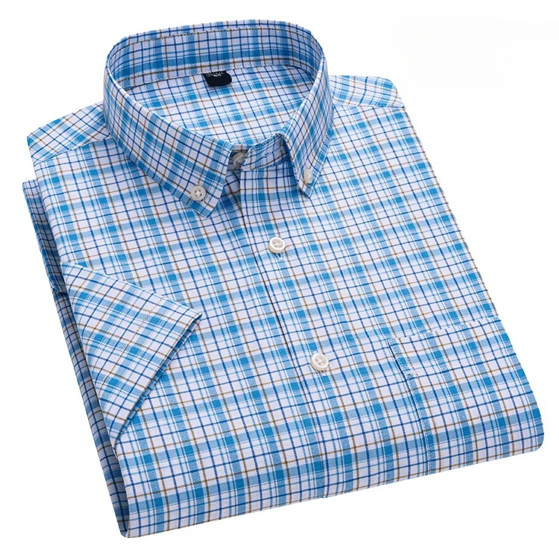 summer 100%cotton oxford plaid short sleeve shirts for men slim fit casual shirt soft single pocket designer elegant clothes