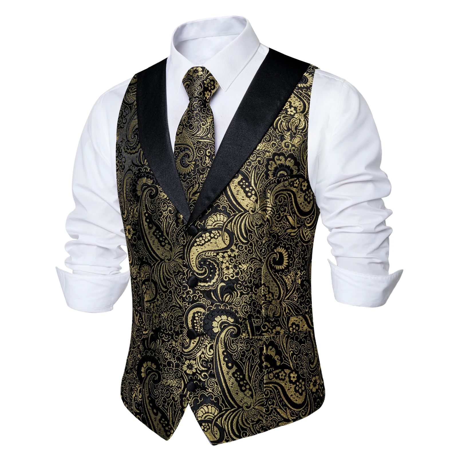 Black Gold Paisly Vest Suit Set 5 PCS Tuxedo Waistcoat Tie Pocket Square Cufflinks Ring For Wedding Men\'s Blazer Vests Clothing