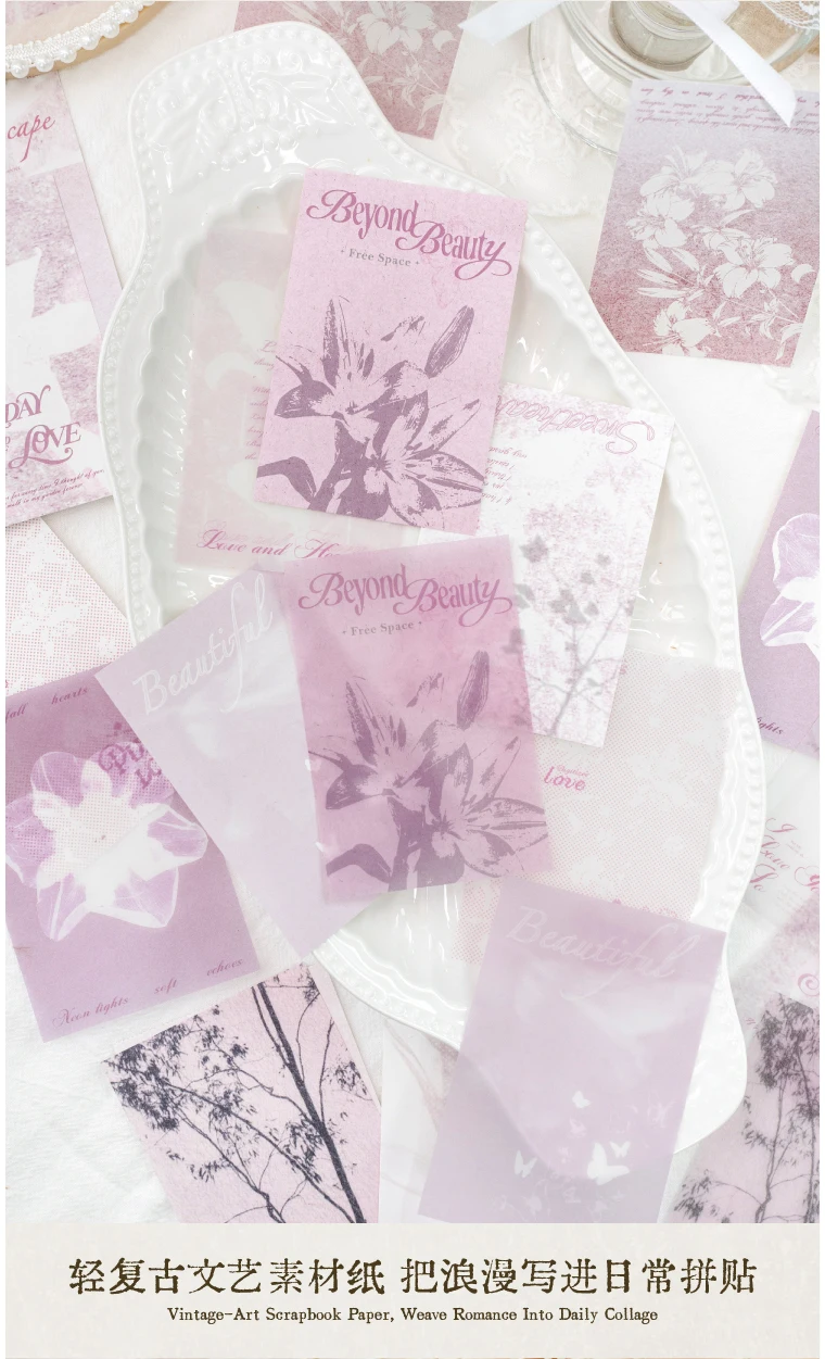 Journal GO 20 Stück helles Retro-Lila Blumenpapier, durchscheinende ästhetische Bastelblätter für Planer, Scrapbooking, Journaling – Detail 4