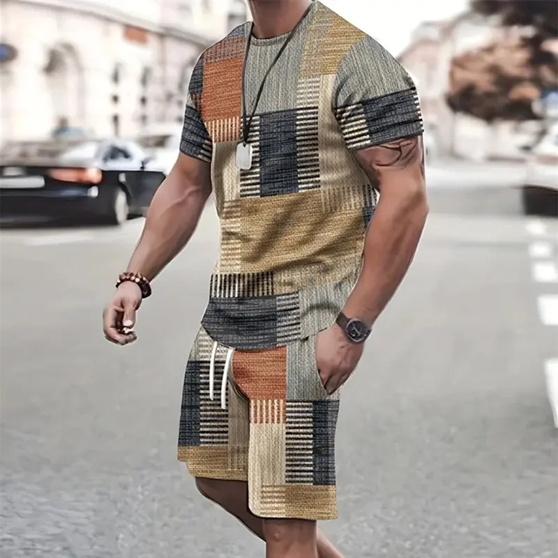 Fashion Men\'s Sportswear Short Sleeve T Shirt +Sports Shorts 2pcs set Summer Casual Vintage Patchwork Suit Men Two Piece Suit