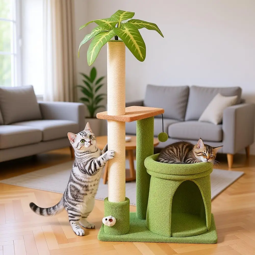 

Cat Tree Tower with Scratching Post, Indoor Medium Kitty Climbing Frame, Perch, Cave, Ball Toys, Multi Functional Climber and Sc