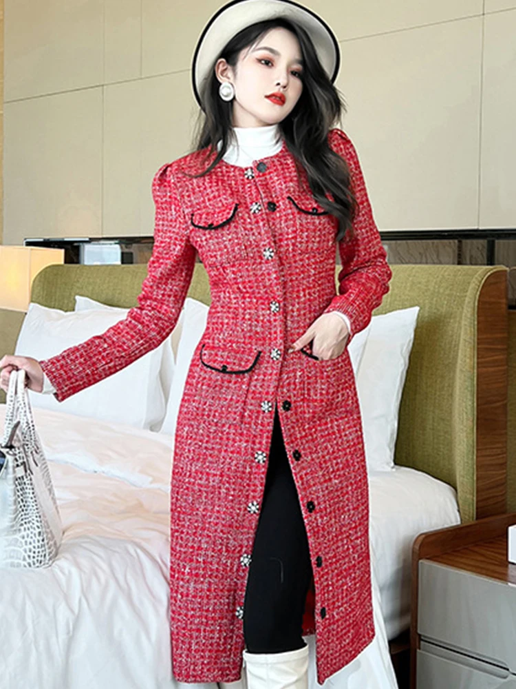 Chaqueta Midi de Tweed rojo elegante para mujer, abrigo ajustado de manga larga con cuello redondo y botonadura única, ropa de oficina y fiesta de