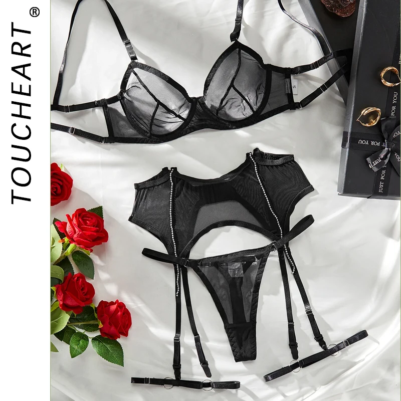 

Toucheart Sexy Mesh Lingerie Set Fashion New Hot Drill Decorated Sexy See-through Sexy Mesh Garters Erotic Lingerie Set Female