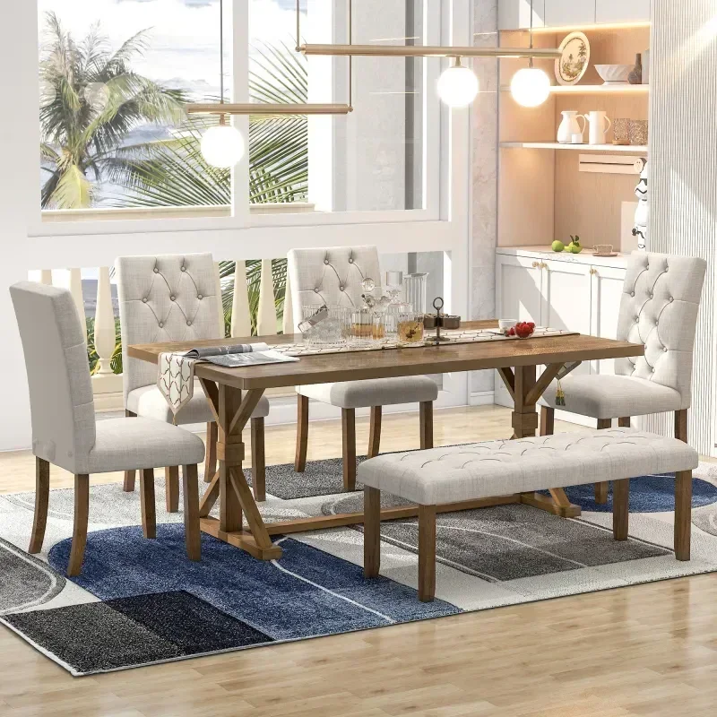 

Practical 6 Piece Dning Table Set Include Wood Rectangular Table, 4 Chairs And Bench, Modern Kitchen Farmhouse Rustic Style