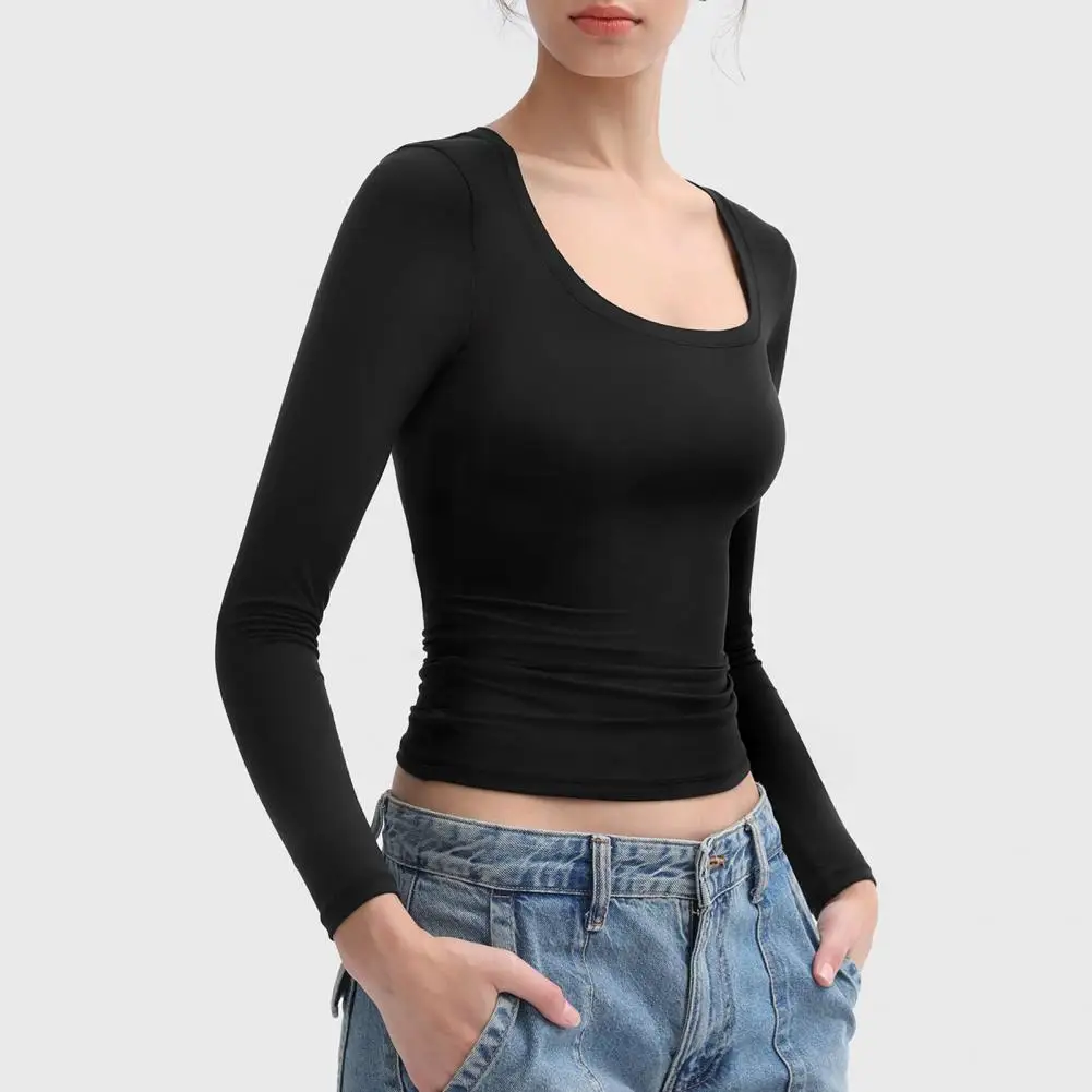 Top de mujer favorecedor de figuras, blusa versátil de manga larga con cuello redondo para mujer, jersey ajustado con alta elasticidad sólida