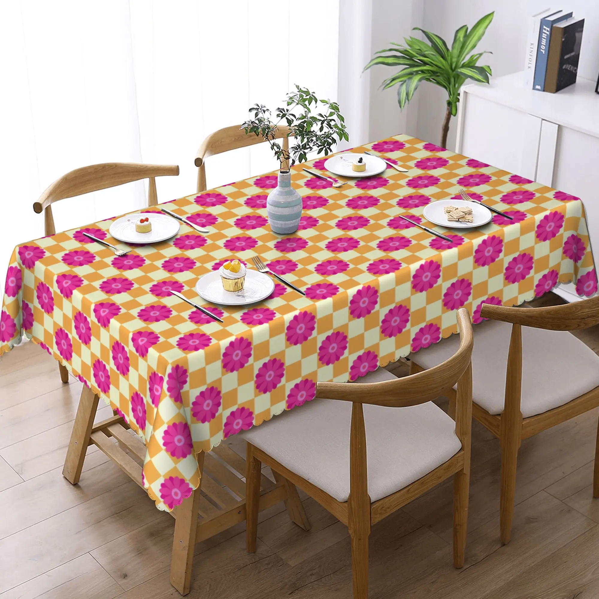Nappe rectangulaire anti-taches à motif tournesol, marguerite, moutarde, damier et fleurs roses pour pique-nique