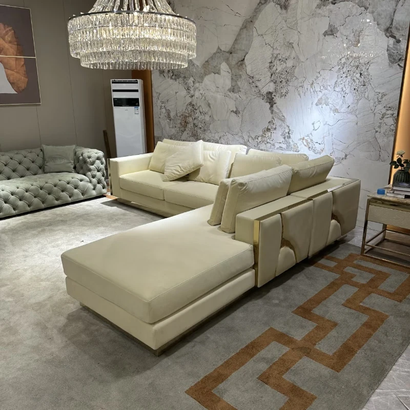 

Italian light luxury gold river corner sofa living room modern high-end leather designer villa stainless steel