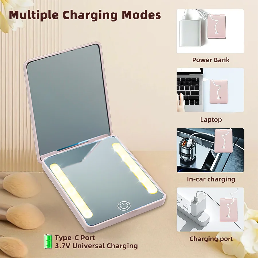 LED Pocket Mirror with 3X Magnification with Eyebrow Tweezers Mini Ultra, 3 colors Lights Touch Dimmable Compact Cosmetic Mirror