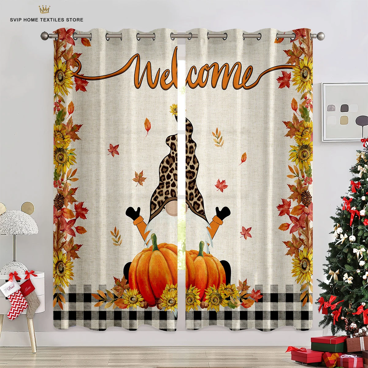 Christmas Cartoon Elk Black Red Check Curtains, 2 Panels, Deluxe Home, Living Room, Bedroom, Balcony, Kitchen, Kids Room Decor