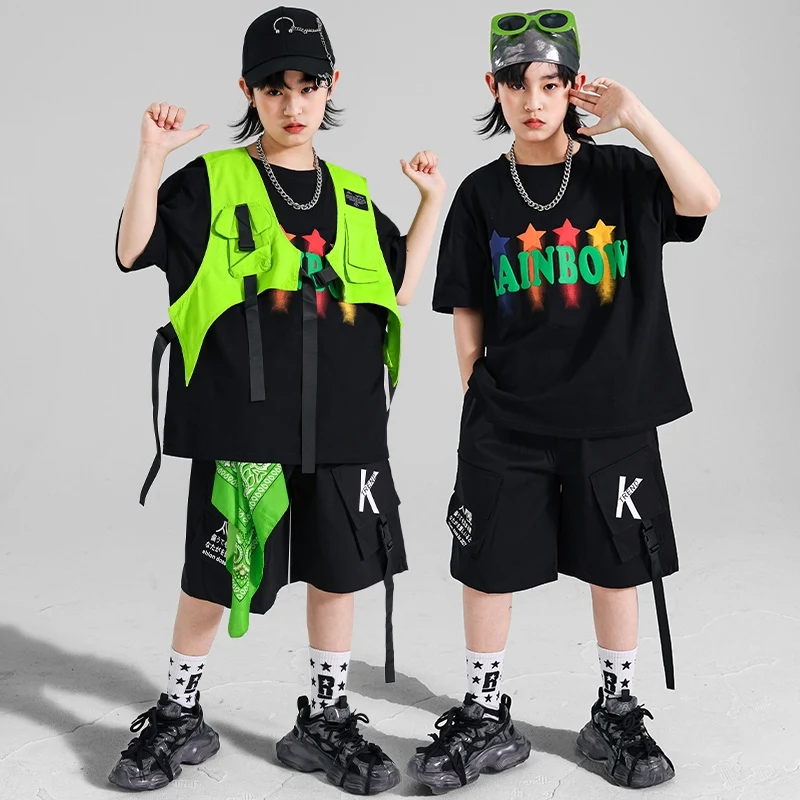 Cool Jazzdansoutfit Jongen Zwart Oversize T-shirt Zwarte Shorts Hiphop Straatdanser Prestatiekleding Mode Streetwear 1898