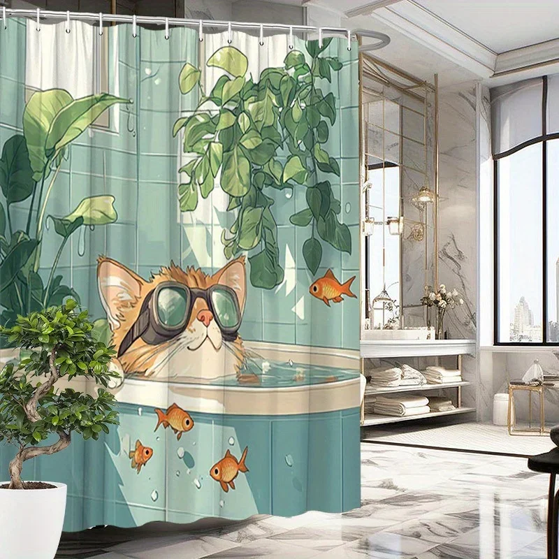 

Занавеска для душа с игривым оранжевым котом в ванне — мультяшный полиэстер, 70,8x70,8 дюйма, моющийся и прочный, вместительный декор для ванной комнаты