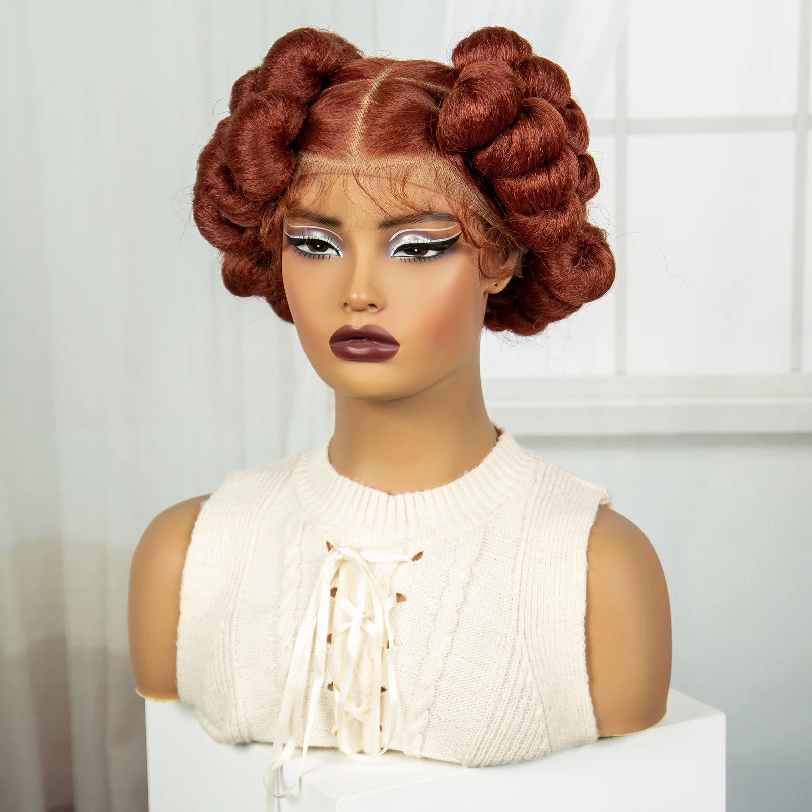Bantu Braided Wigs Synthetic Transparent Full Lace Braided Lace Wigs Ginger Orange Color Short Cute Handmade Knotless Braids Wig
