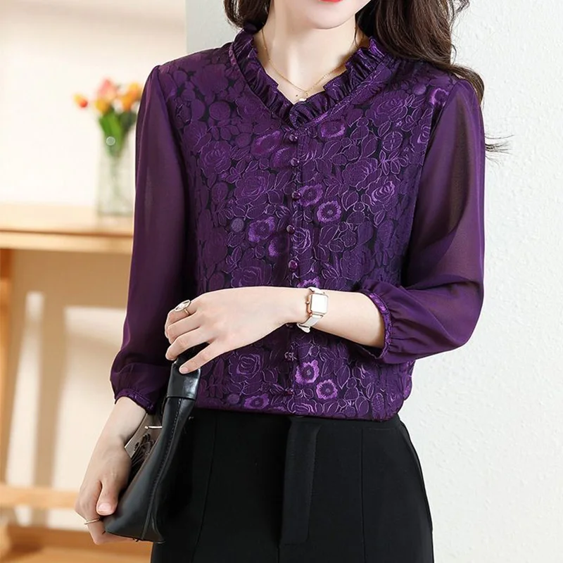 2024 New Summer Chic Elegant Fashion Bohemian Retro Office Lady Women\'s Shirt Lace Solid Color Print V Neck 3/4 Sleeve Y2K Tops