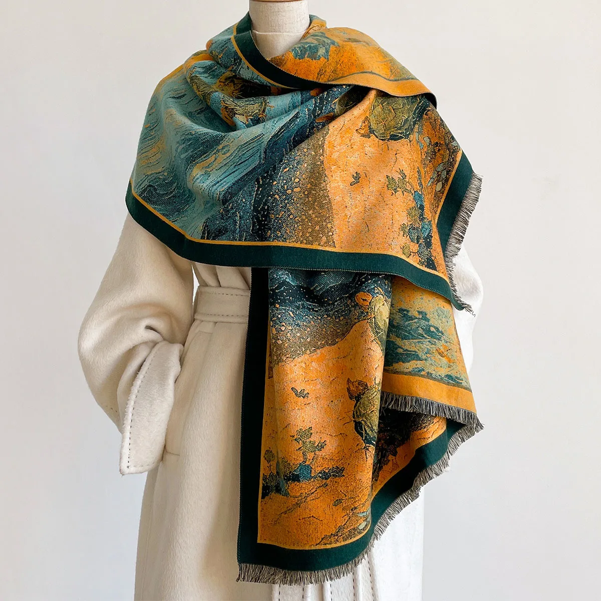 Faux Cashmere Winter Scarf Women Oil Painting Shawl Thick Wrap Soft Warm Fringed Long Versatile Elegant Women Scarves Bufanda
