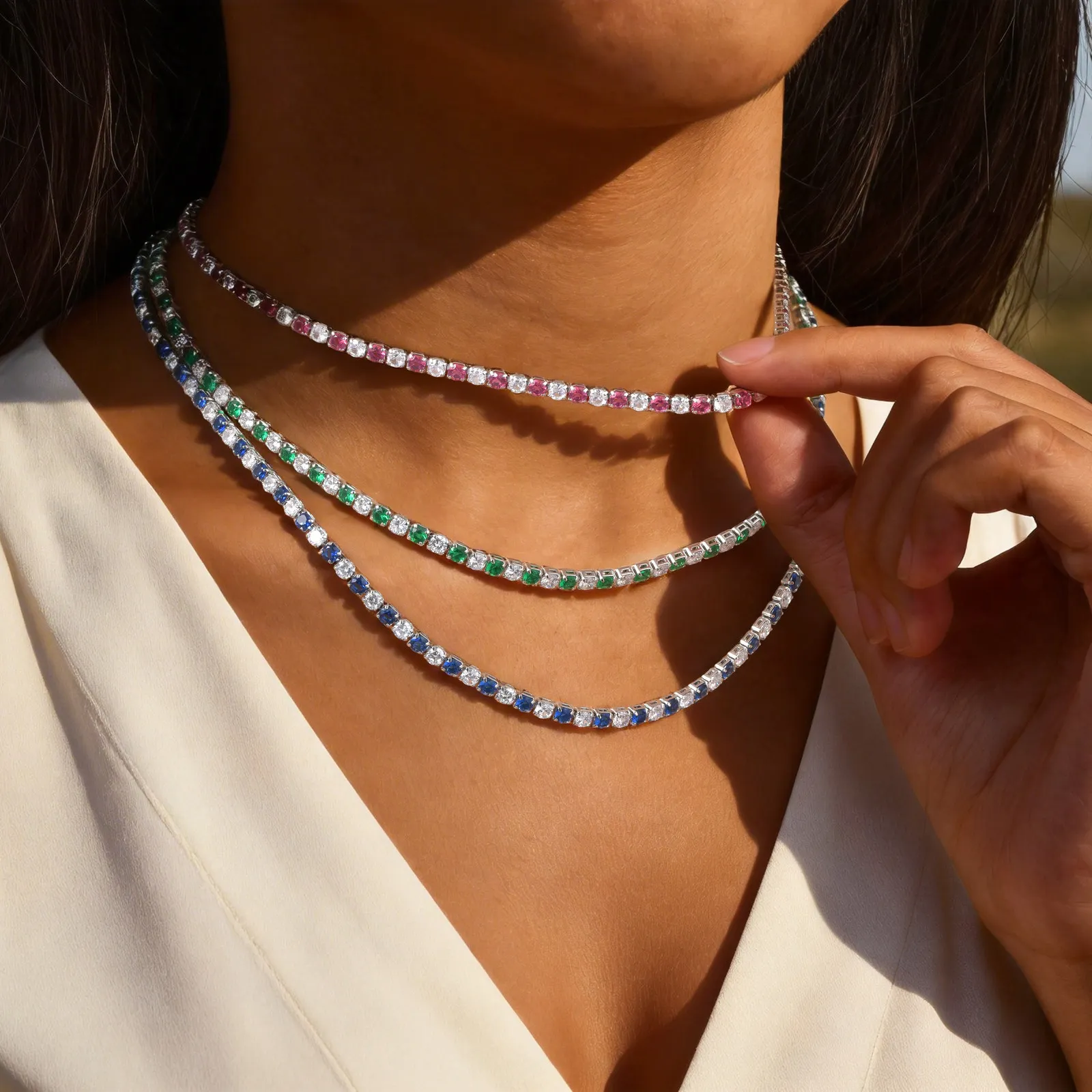 Iced Out Tennis Necklace Choker 3mm Thin Chain Waterproof Summer Beach Vacation Statement Jewelry Gift