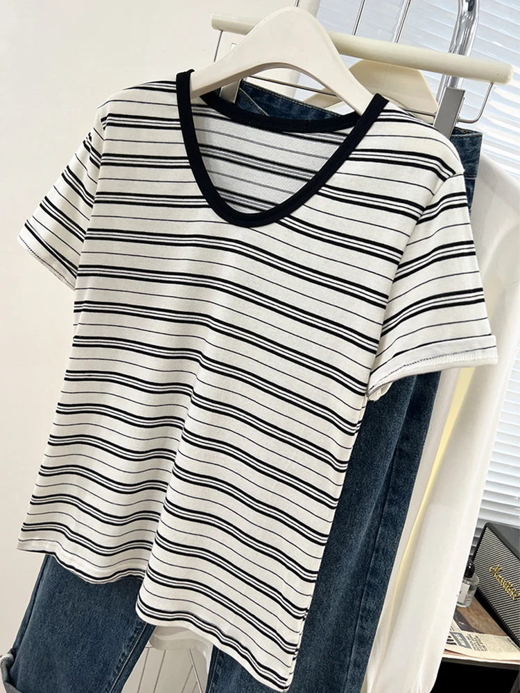 

Striped Cotton T-shirt Women Short Sleeve Tops Casual V Neck Basic Style Tee Shirt Female Fashion Woman Clothes Summer Tshirts