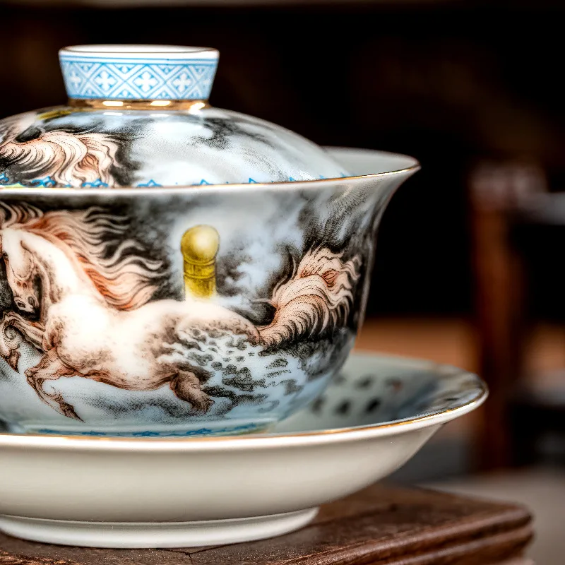 Jingdezhen Overglazed Color Figure Enamel Painted Antique Mud Porcelain Gaiwan Set with as Horse Does Not Live up to Shaohua