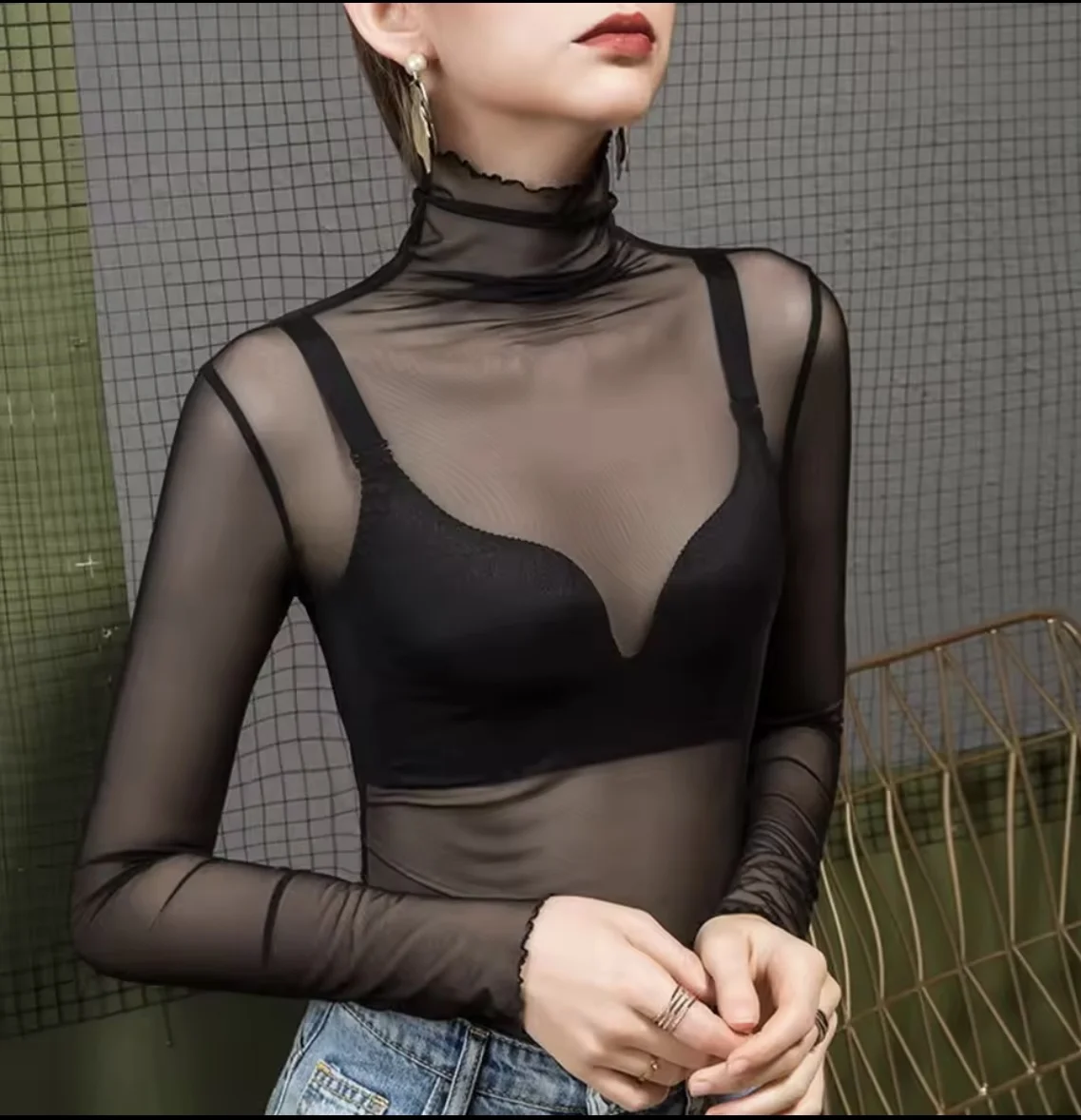 High Neck Sheer Mesh Top Women Clothing Long Sleeve Turtleneck T-shirt Korean Sexy See Through Black White Beige Shirt New image 5