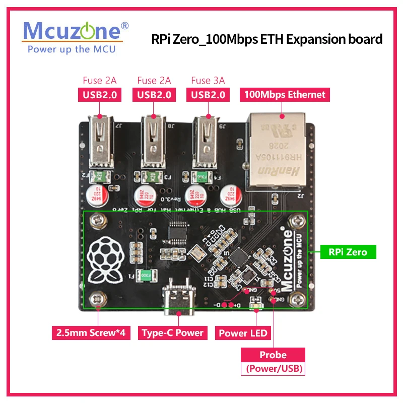 RPi0_3U1ETH,10/100Mbps Ethernet and 3*USB  for RaspberryPi zero W/WH, zero2 W, USB HUB,driver free