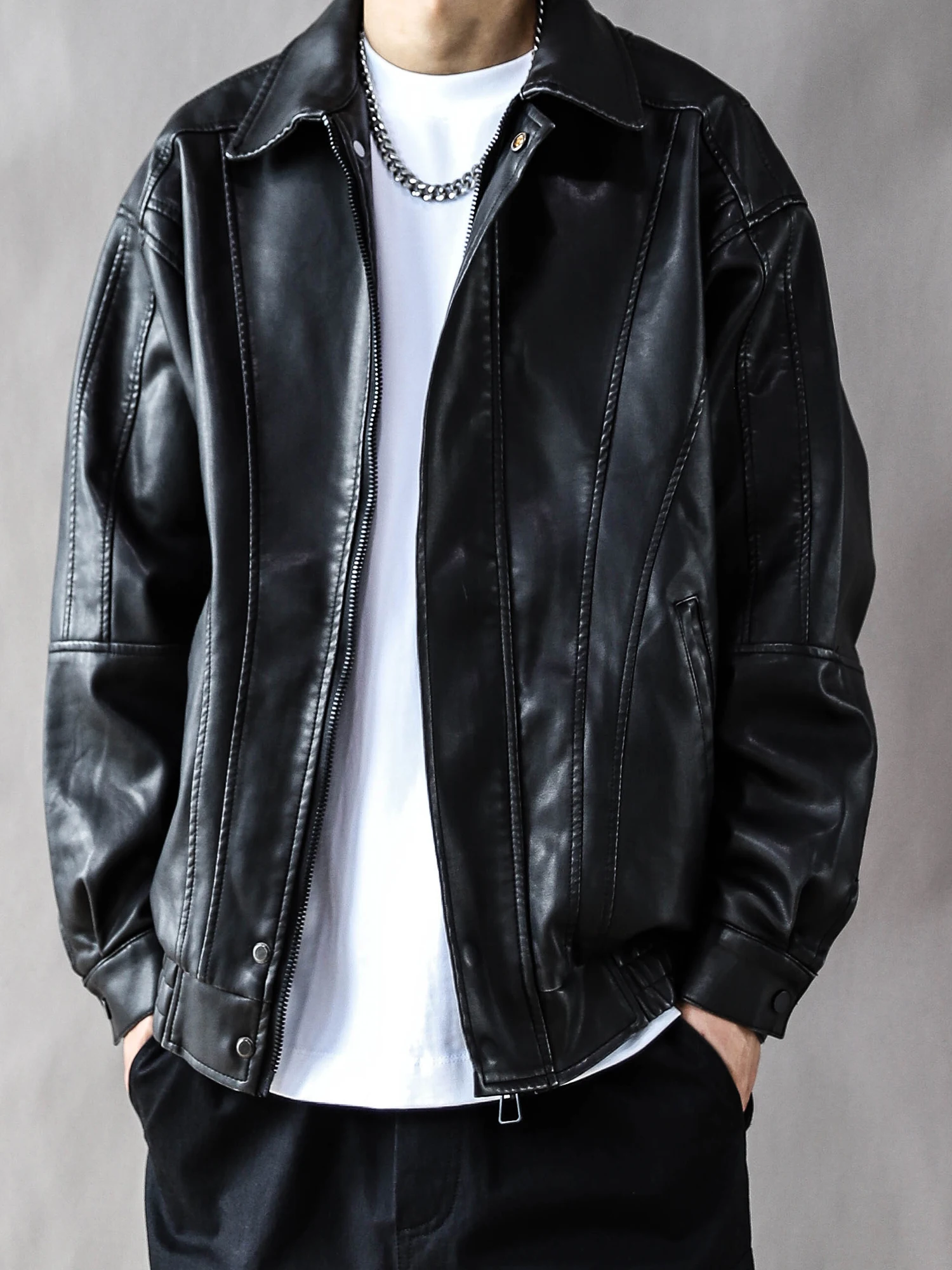 

Ретро-куртка в японском стиле для мужчин, кожаная, повседневная, свободного кроя, черная, в американском уличном стиле, весна-осень, новая модная коллекция