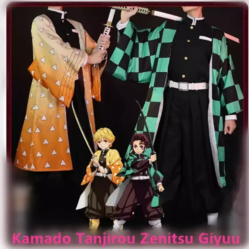 Demon Slayer Kamado Tanjirou Zenitsu Abito Costume Cosplay Anime Set per bambini Uomo Abito di Halloween Uphallwaen Donna Bambini