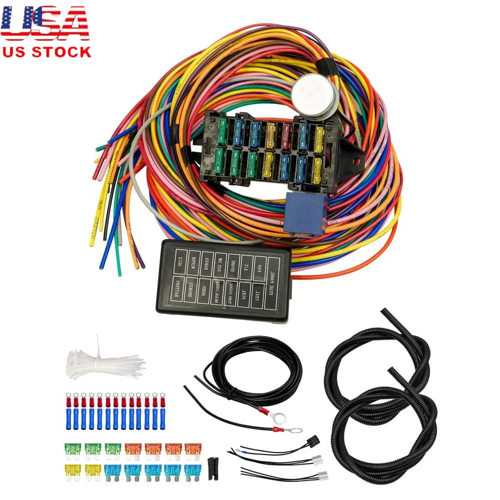 

14 Circuit Universal Wiring Harness Kit Muscle Car Hot Rod 12V Fuse Durable Copper Wire Complete Installation Accessories