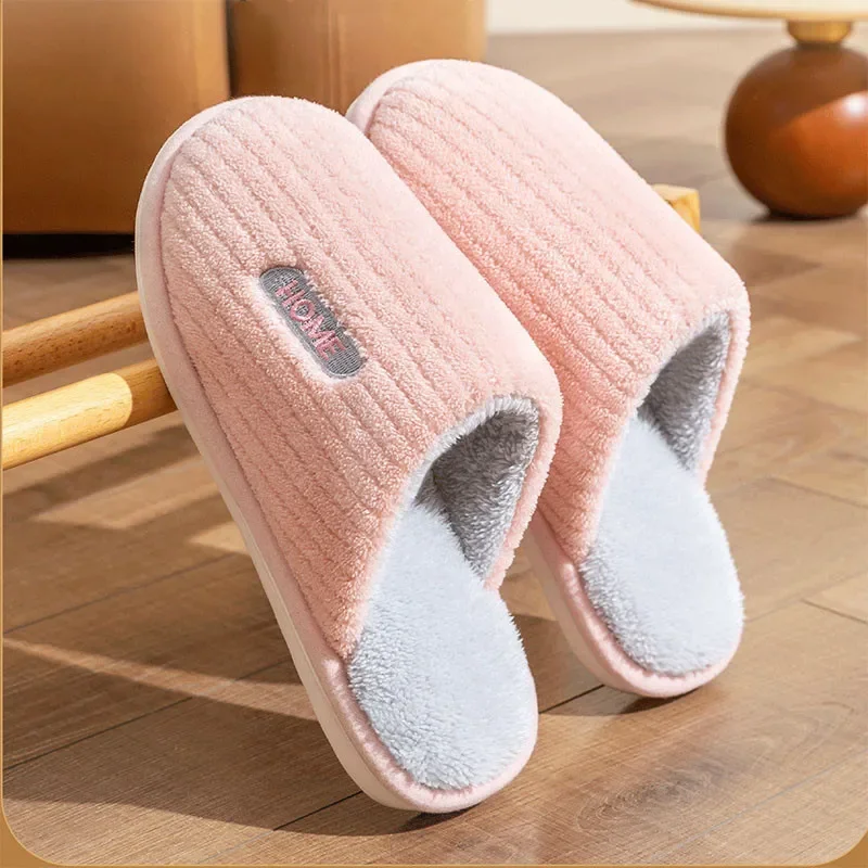 Casal chinelos masculinos casuais apartamentos listra interior fofo anti-skid flip flops macio quente de pelúcia chinelo feminino casa de inverno sapato