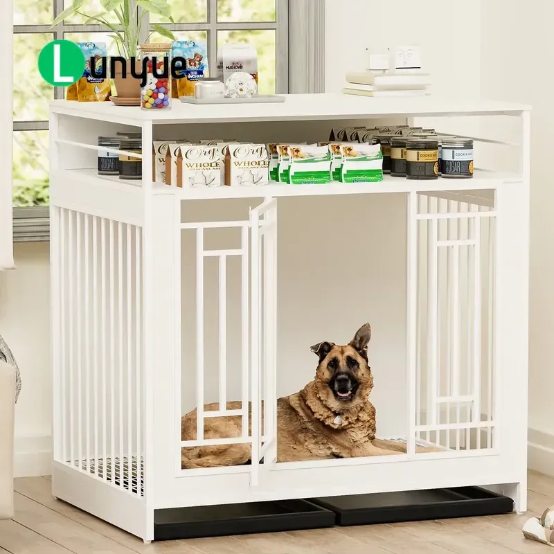 43.3 Inch Wooden Dog Crate Furniture for Large Dogs with Divider Double Door Kennel Three Drawer Storage Home Decor