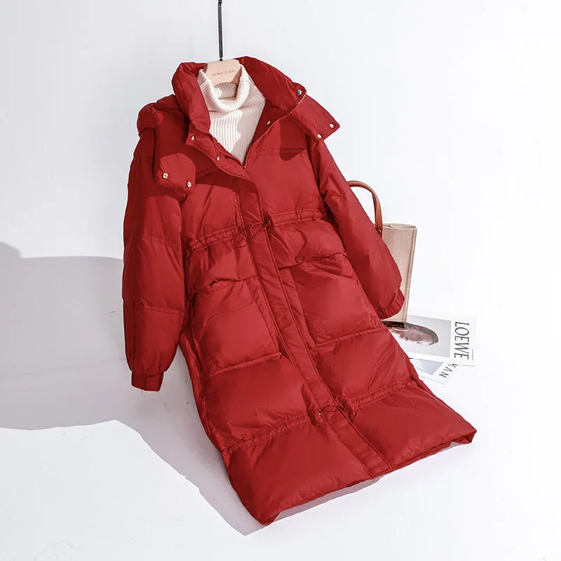 2022 Winter Fashion Long White Duck Down Jackets Female Zipper Hooded Outwear Parkas Ladies Solid Color Loose Down Coats