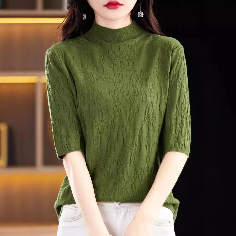 

Женский свитер, весна-осень 2024, пуловеры, рубашки с короткими рукавами, вязаный свитер с воротником-стойкой, однотонные джемперы средней длины