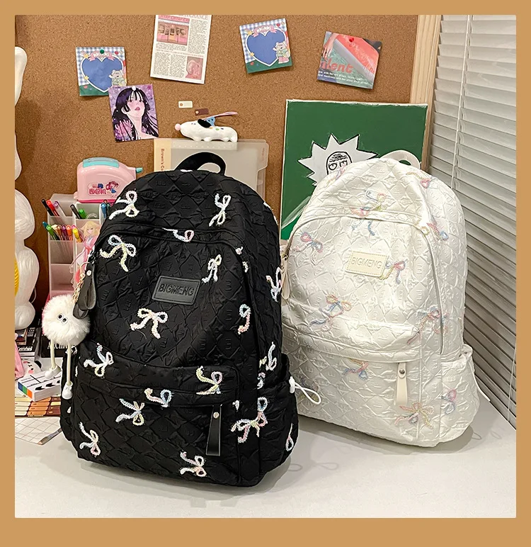 Colorful Bow Full Print Ruched Fabric Backpack Four Colors Available Large Capacity Girls Junior High High School School Bag