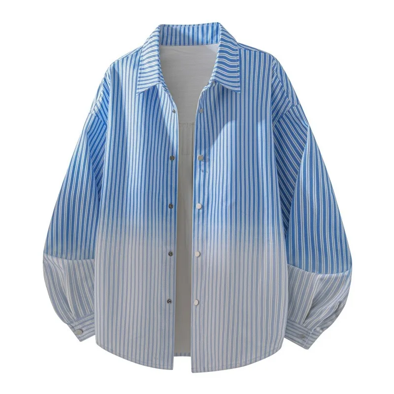

Men's Gradient Striped Button Down Shirt Oversized Long Sleeve Casual Shirt Jacket for Streetwear