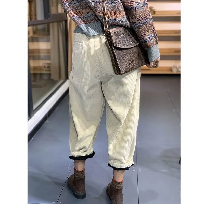 2024 New Arrival Spring Autumn Women All-matched Ankle-length Pants Casual Loose Cotton Corduroy Elastic Waist Harem Pants P34