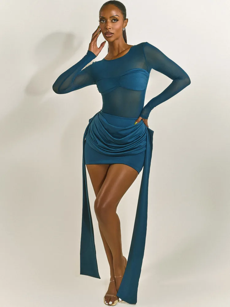 Articat elegante manga longa malha retalhos elástico bodycon mini vestido feminino sexy sheer magro festa clube vestido de noite winter2026