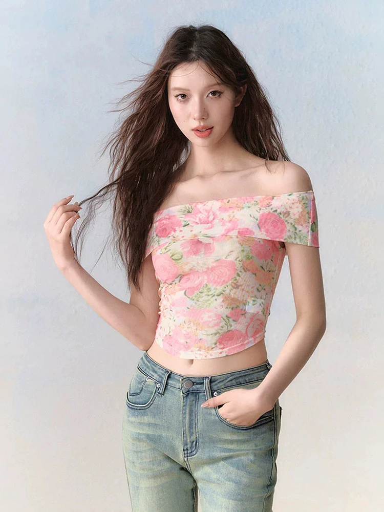 RORORIRI Grayu One-shoulder T-shirt Women Scarf Neck Flower Print Mesh Stretch Slim Short Sleeves Crop Top Casual Summer Clothes