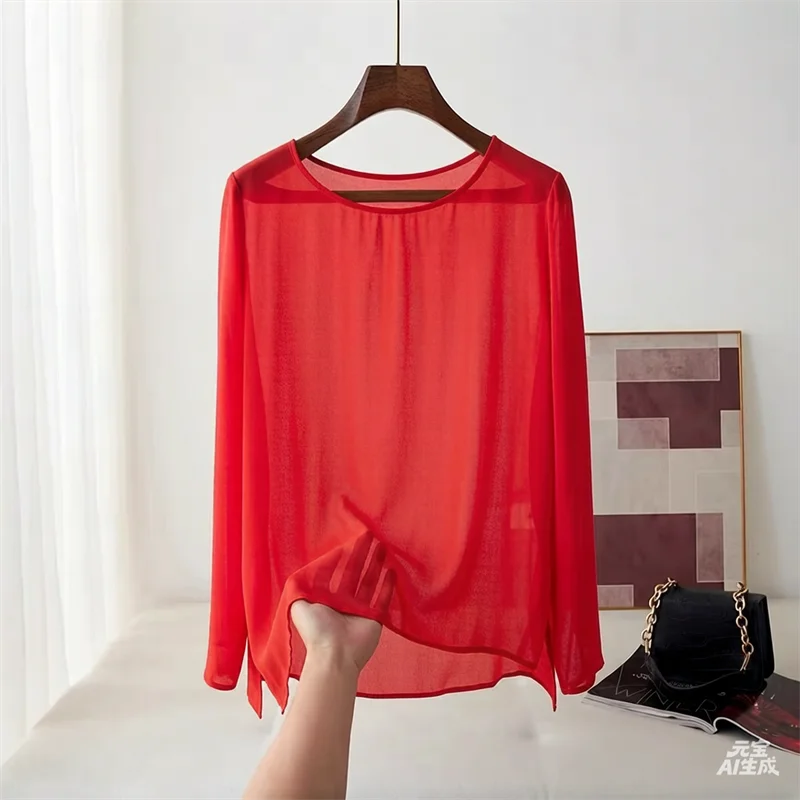 Camisa de chiffon leve para mulheres, primavera/verão, cor vibrante, simples, elegante, transparente, tamanho grande.