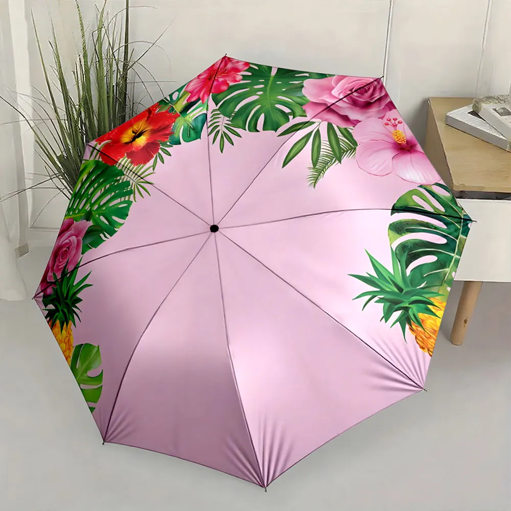 1PC Floral and Tropical Design on Pink Umbrella Print 8 Iron Ribs Folding Umbrella Auto-Open Fashion Sunshade