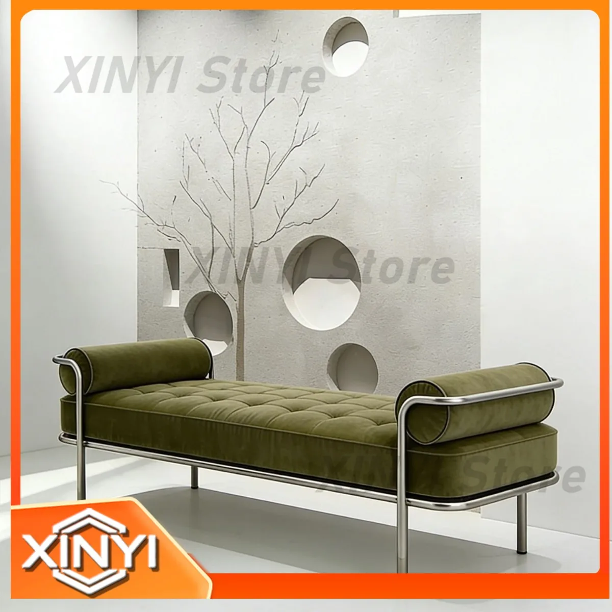 Velvet Bench for Modern Bedroom End of Bed Seating with Cylindrical Armrests Stainless Steel Frame Olive Green Minimalist