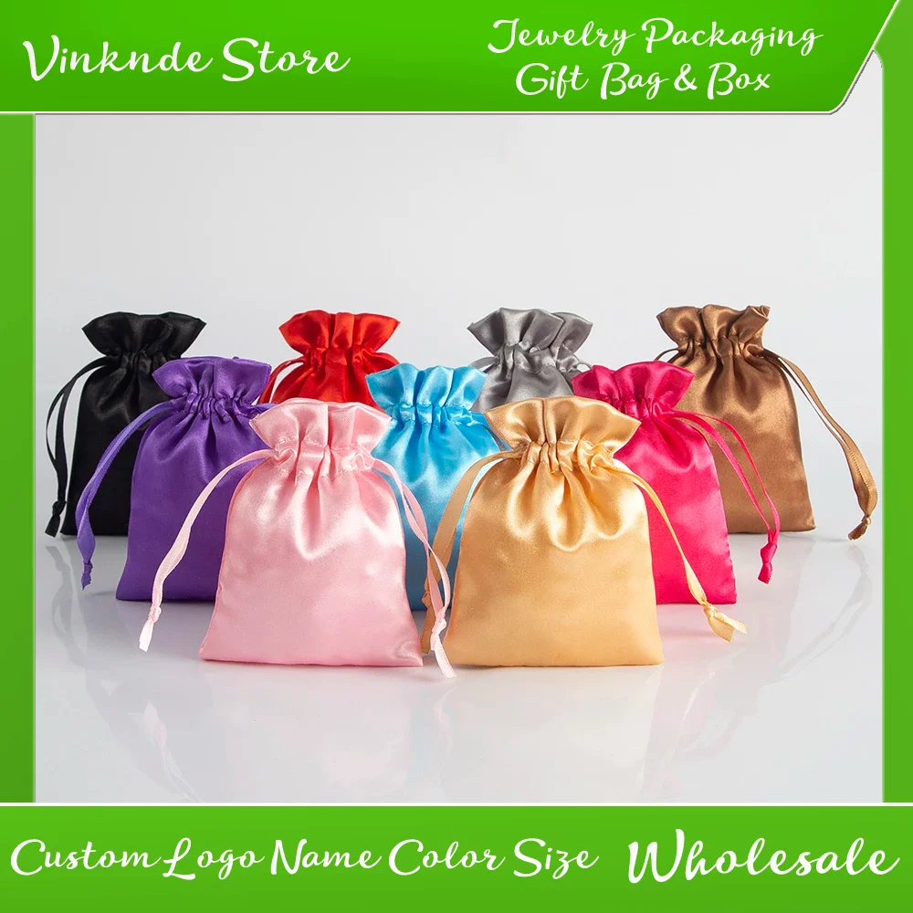 

100Pcs Drawstring Silk Gift Bags Multi Size Jewelry Ring Earrings Organizer Packaging Wedding Favor Candy Bag Can Custom Logo