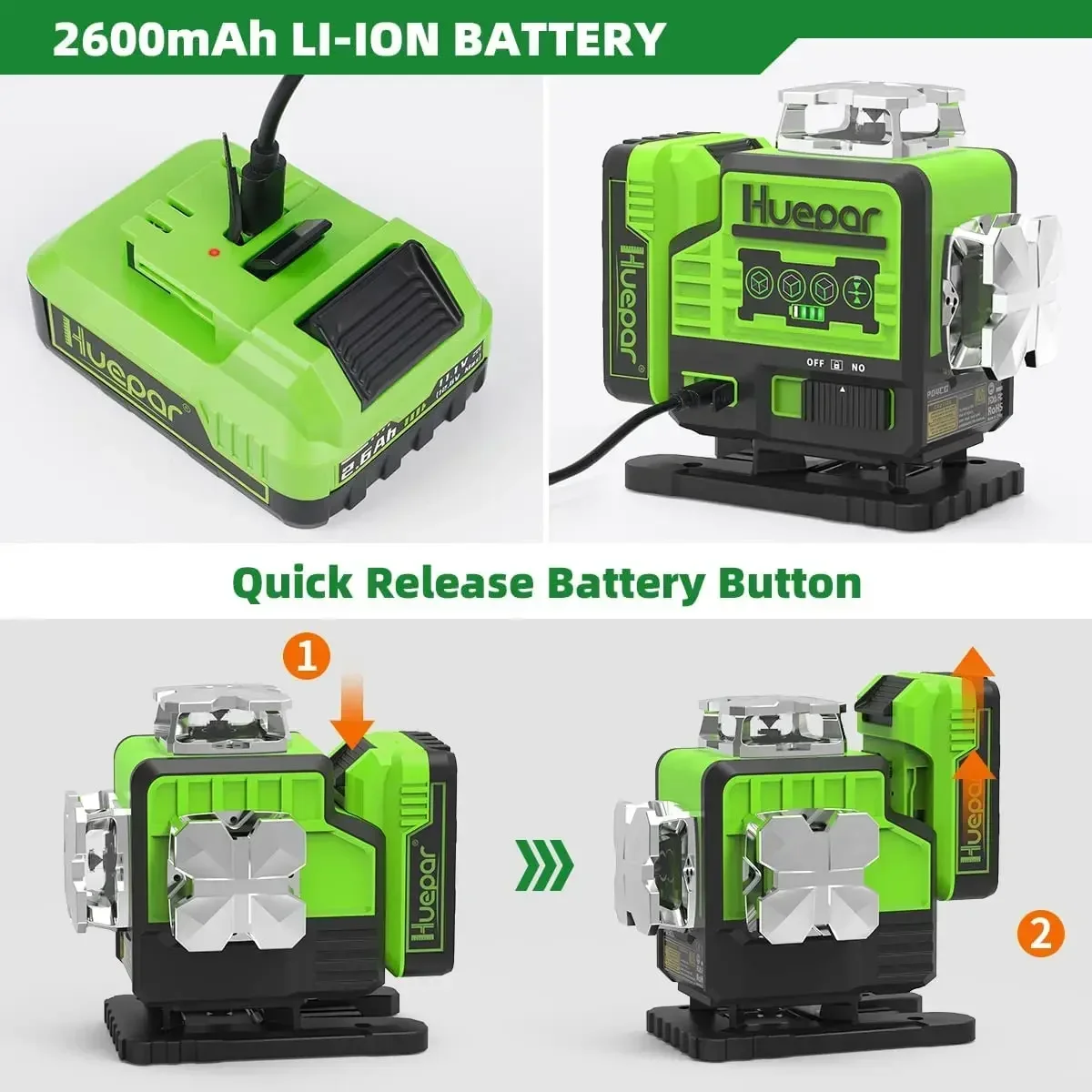 Huepar P04CG Green Laser Level 360 4D Large Capacity Li-Ion Battery With Type-C Port