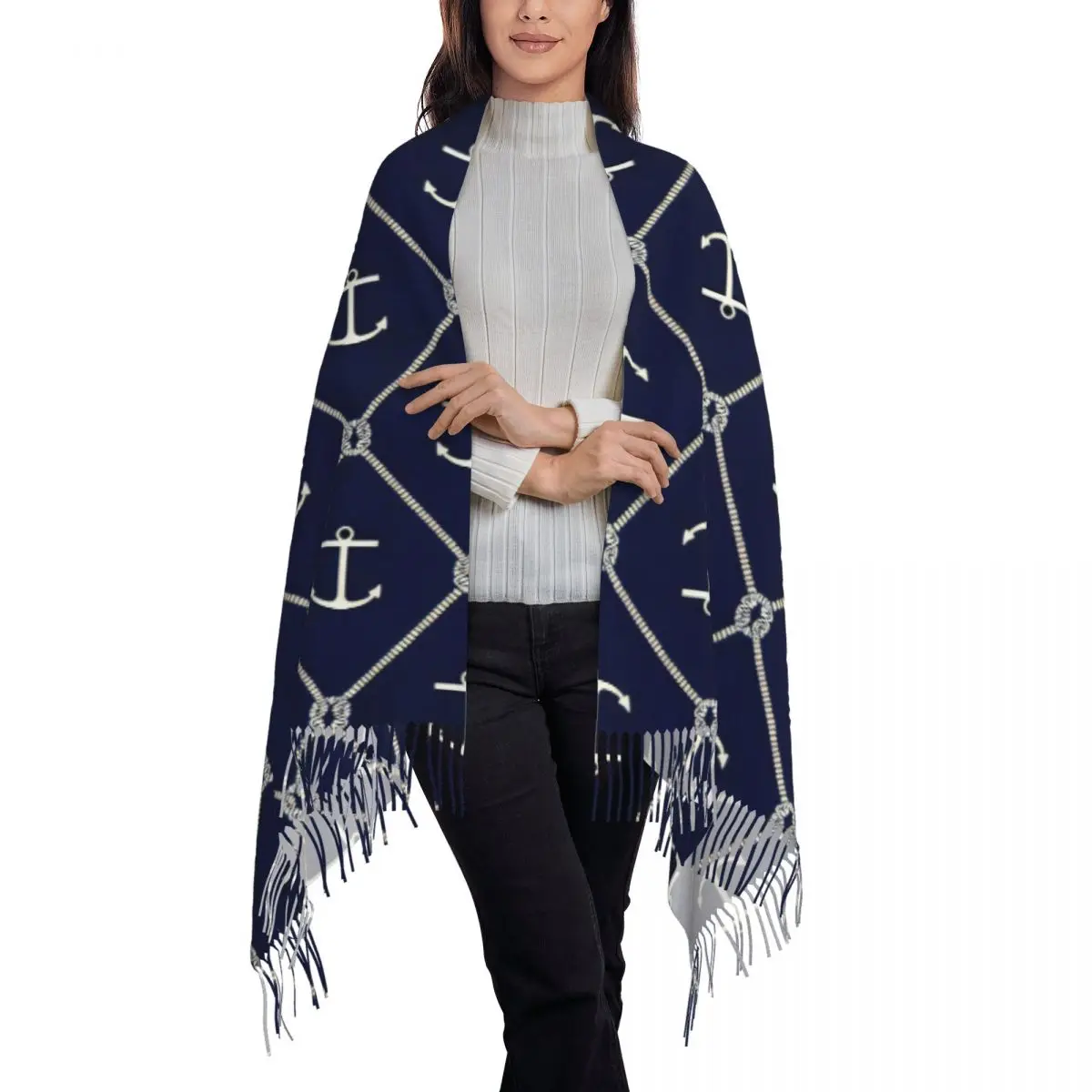 Winter Tassel Scarf Pattern With Anchors Cashmere Scarves Neck Head Warm Pashmina Lady Shawl Wrap Bandana